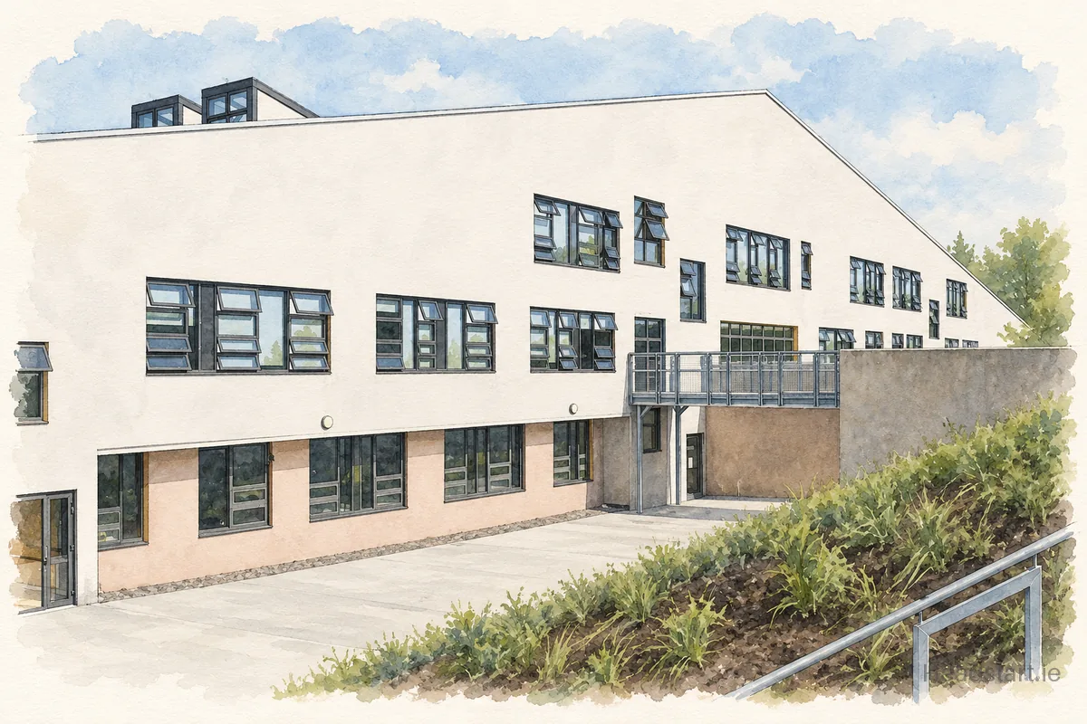 Watercolour illustration of the Davis College building, Mallow