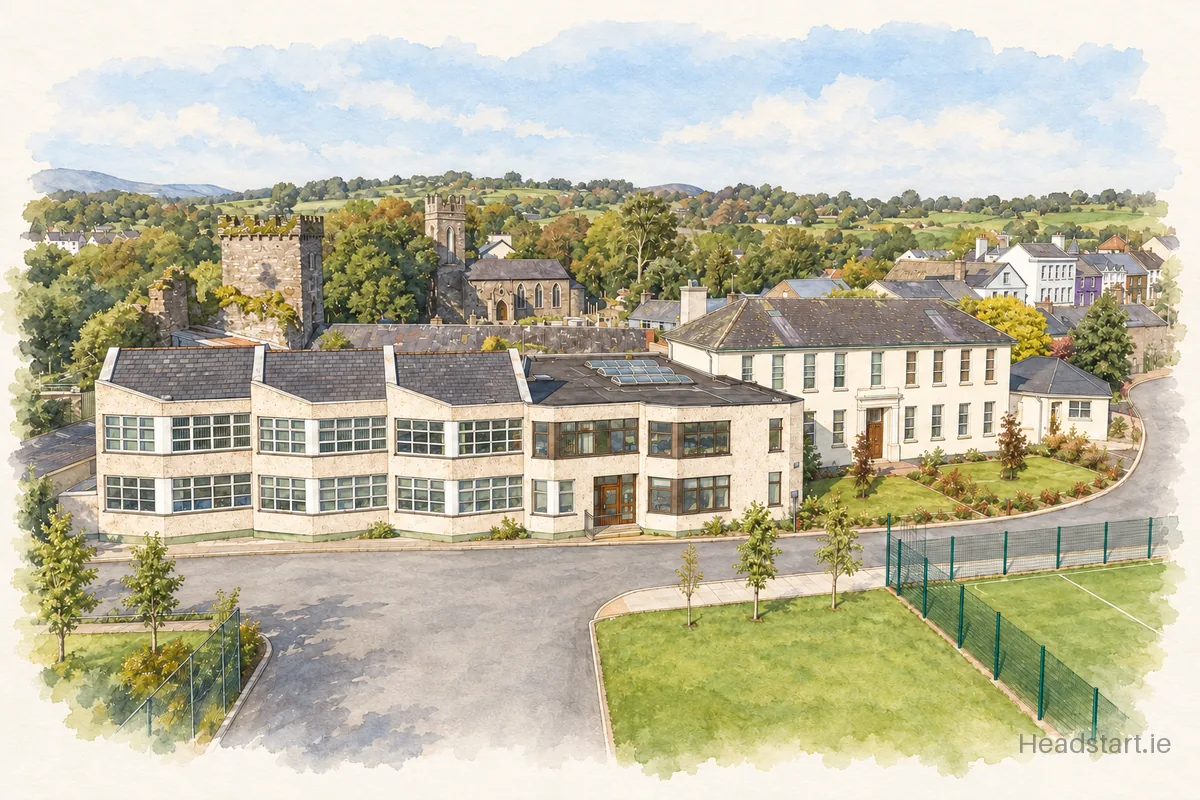 Watercolour illustration of the Mcegan College building, Macroom