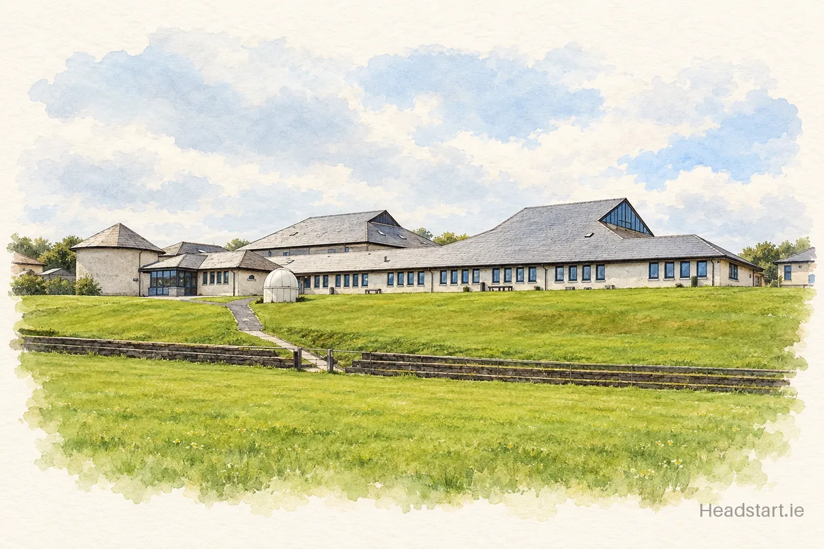 Watercolour illustration of the Schull Community College building, Skibbereen