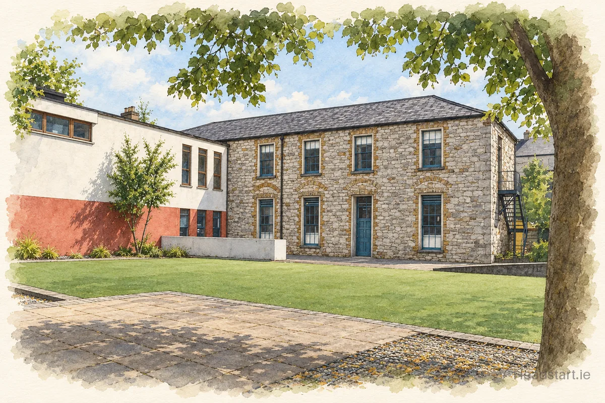 Watercolour illustration of the Colaiste Daibheid building, Cork (centre and southside)