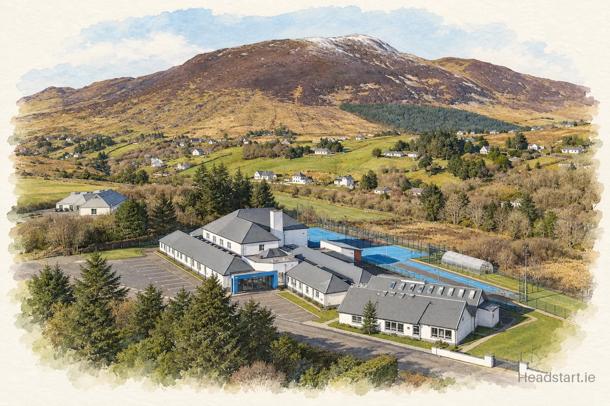 Watercolour illustration of the Carrick Vocational School / Coláiste Na Carraige building, Donegal