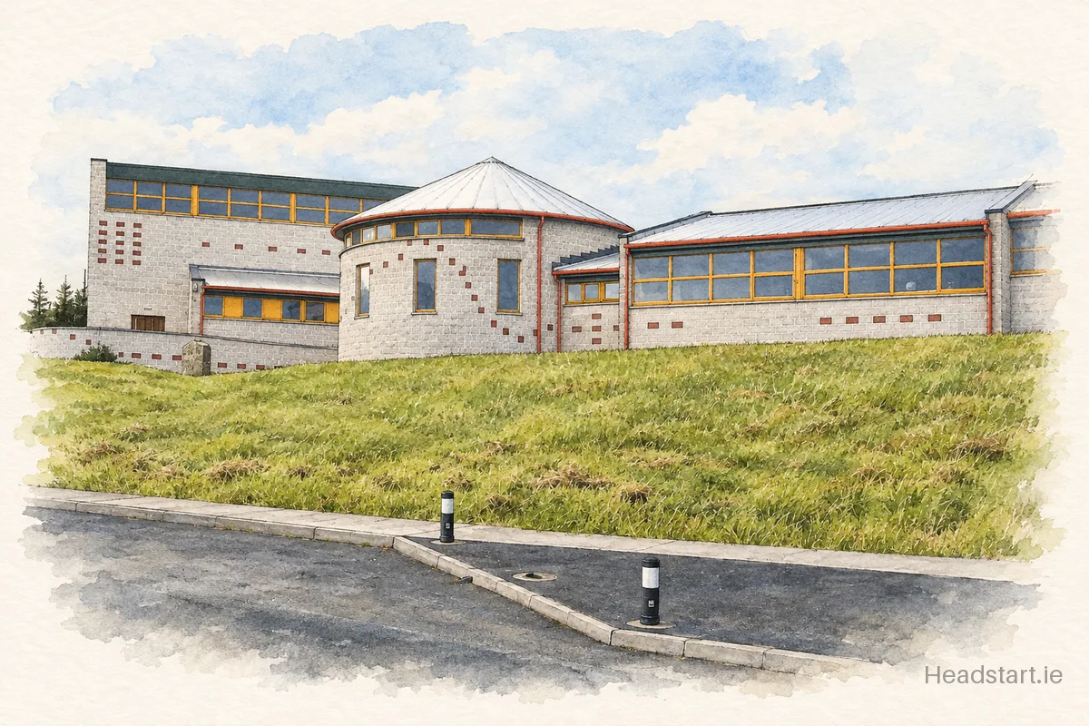 Watercolour illustration of the Gairm Scoil Chú Uladh building, Lifford