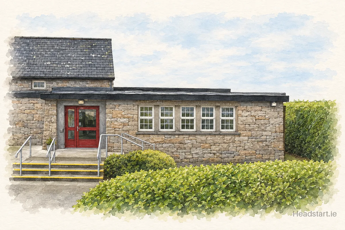 Watercolour illustration of the Colaiste Cholmcille building, Galway
