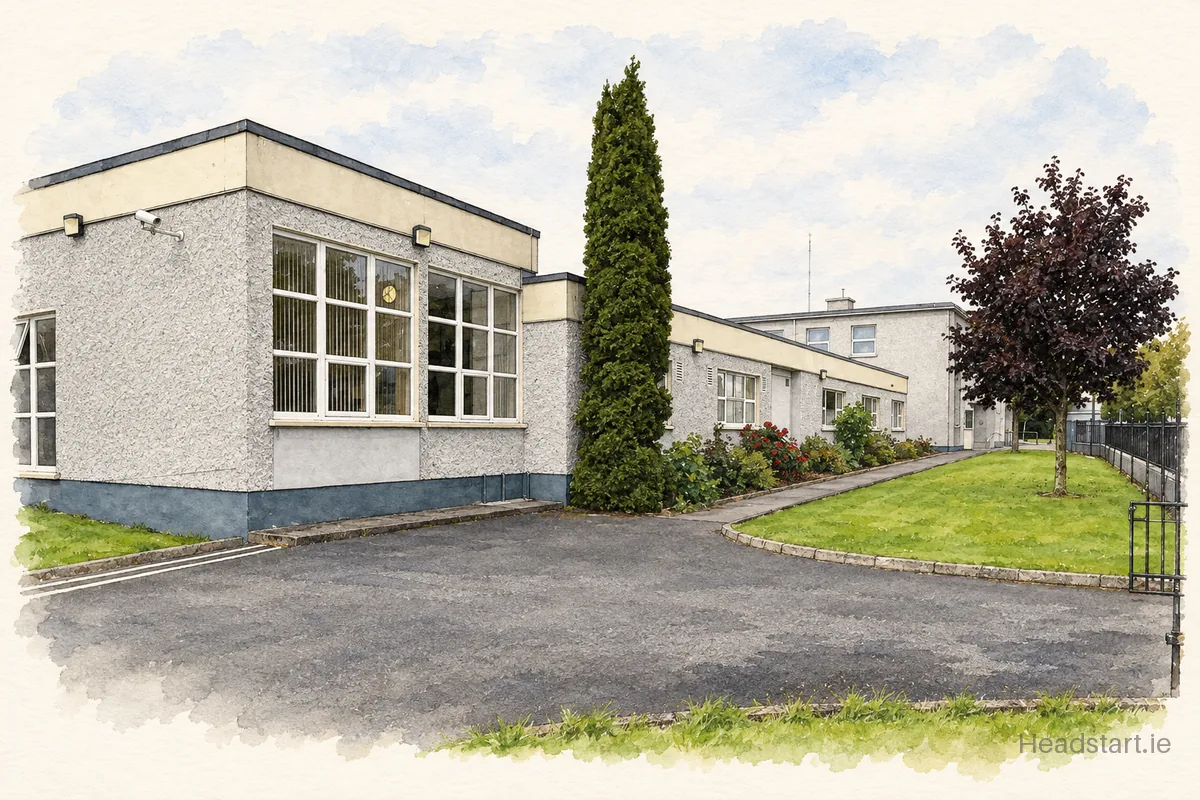 Watercolour illustration of the Mullingar Community College building, Mullingar