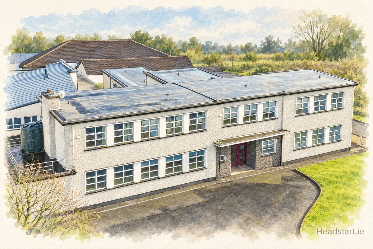 Watercolour illustration of the Ballymahon Vocational School building, Longford