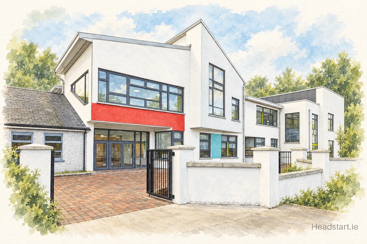 Watercolour illustration of the Bush Post Primary School building, Dundalk