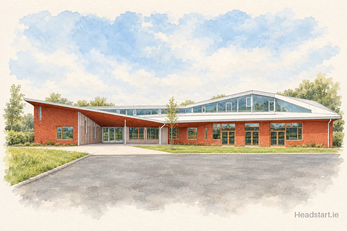 Watercolour illustration of the Scoil Ui Mhuiri building, Dunleer