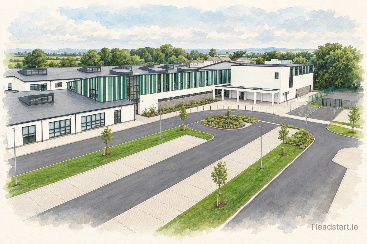 Watercolour illustration of the Colaiste Chiarain Croom building, Croom