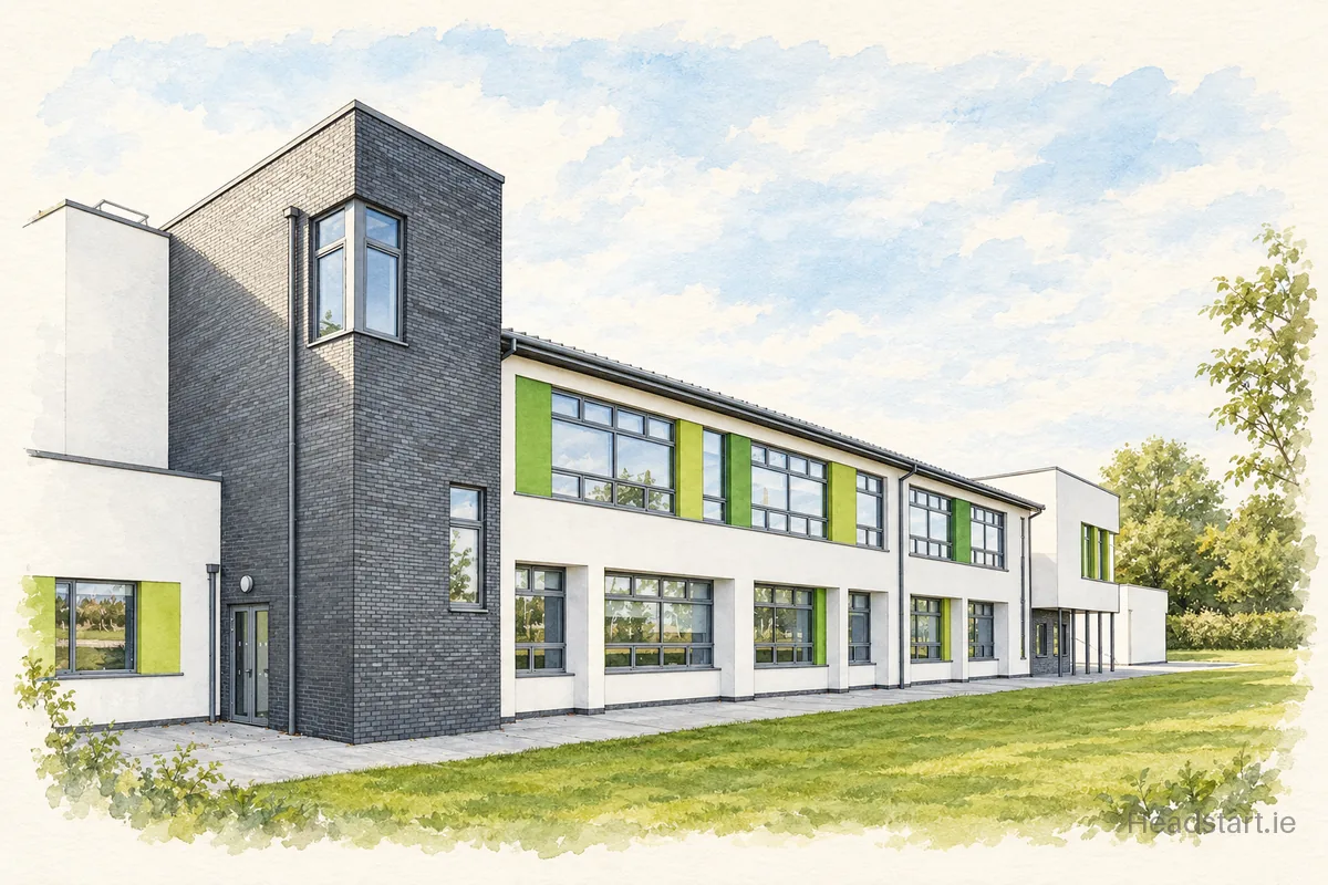 Watercolour illustration of the Dunshaughlin Community College building, Dunshaughlin