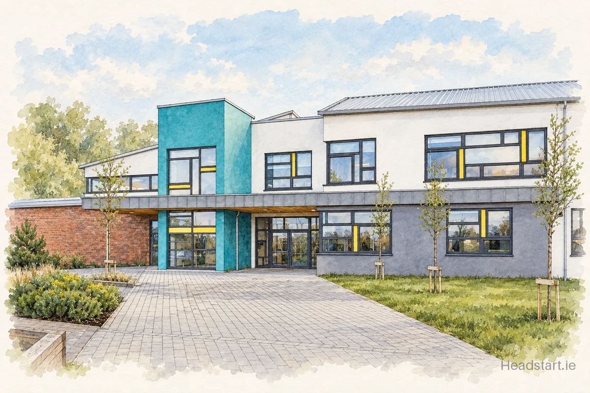 Watercolour illustration of the Coláiste Clavin building, Longwood
