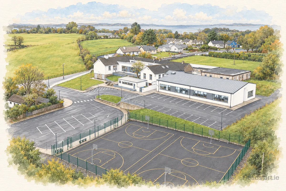Watercolour illustration of the St. Tiernan's College building, Crossmolina