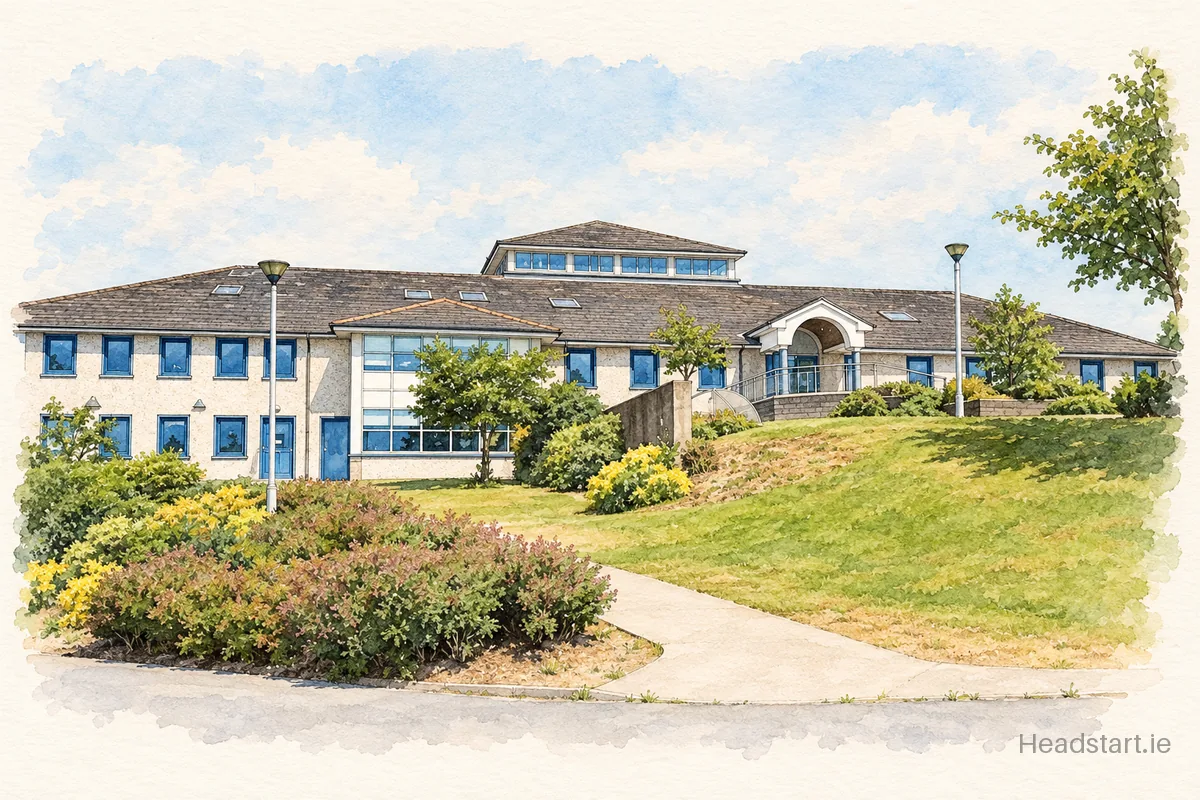 Watercolour illustration of the St Declan's Community College building, Kilmacthomas