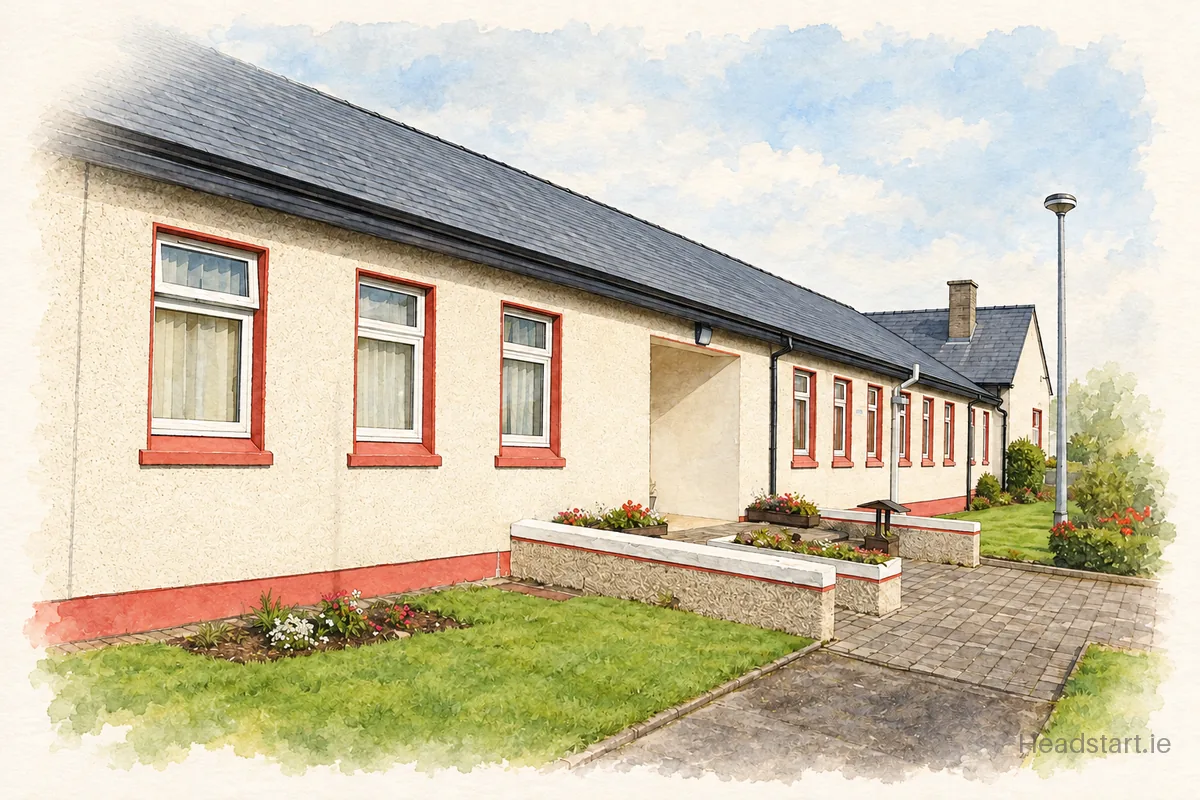 Watercolour illustration of the Corran College building, Ballymote