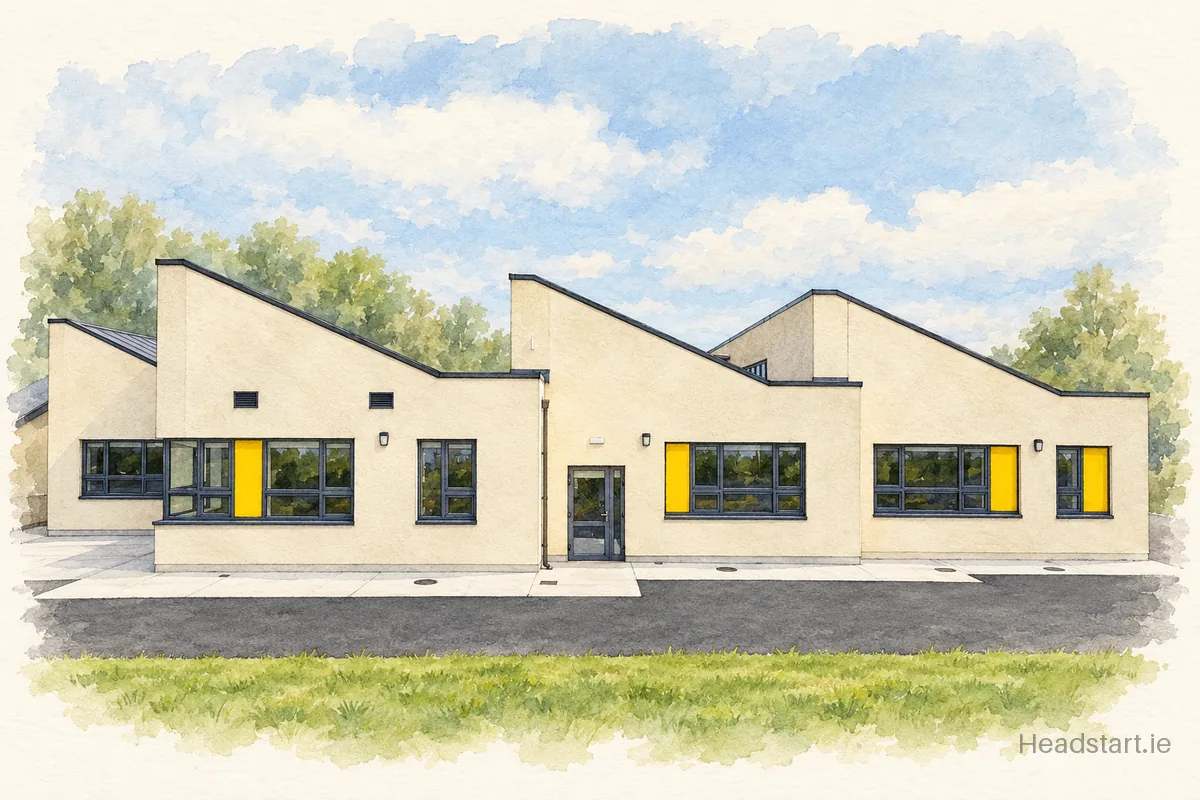 Watercolour illustration of the Coola Post-Primary School building, Riverstown