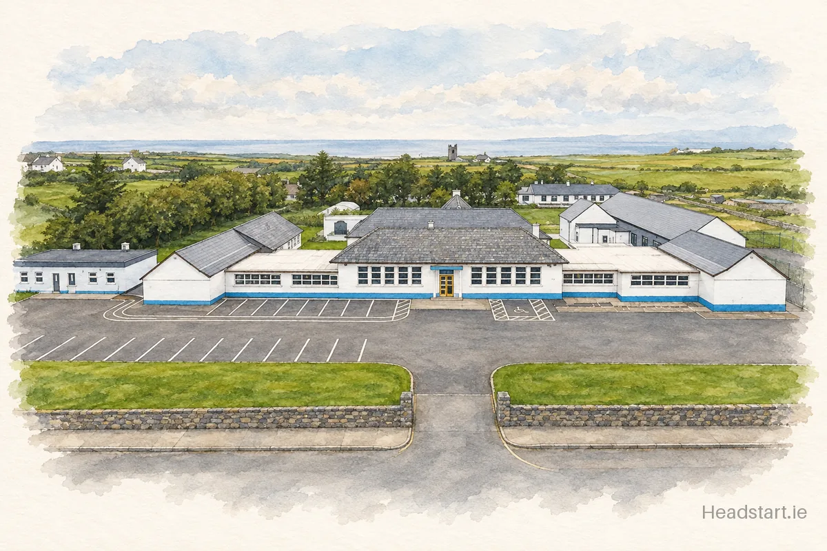 Watercolour illustration of the Coláiste Iascaigh building, Easkey