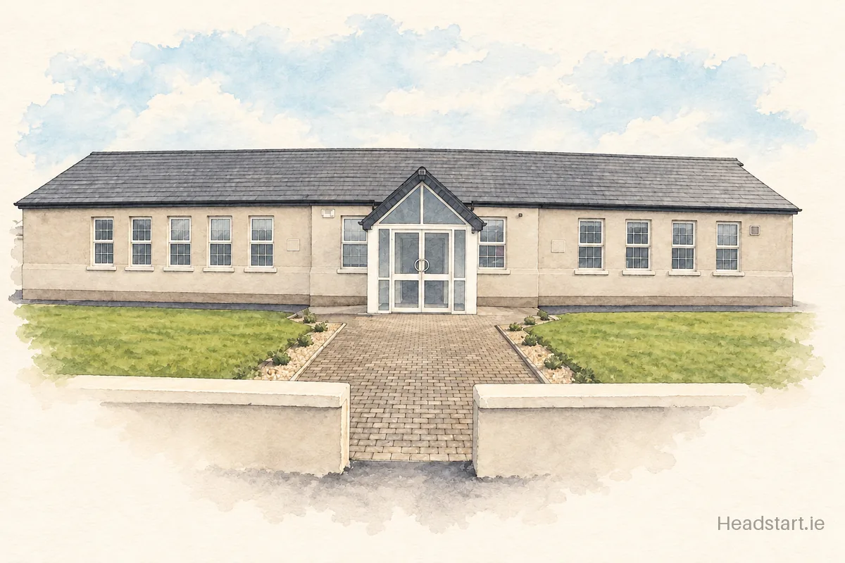 Watercolour illustration of the Grange Post Primary School building, Grange
