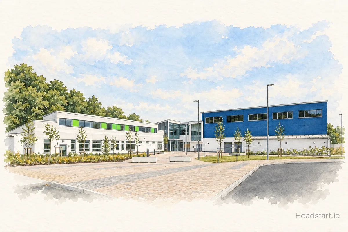 Watercolour illustration of the Comeragh College building, Carrick-on-Suir