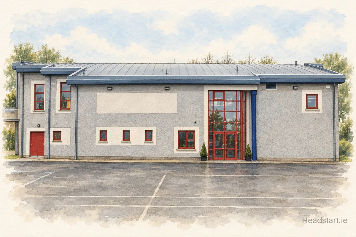 Watercolour illustration of the Scoil Ruain building, Thurles