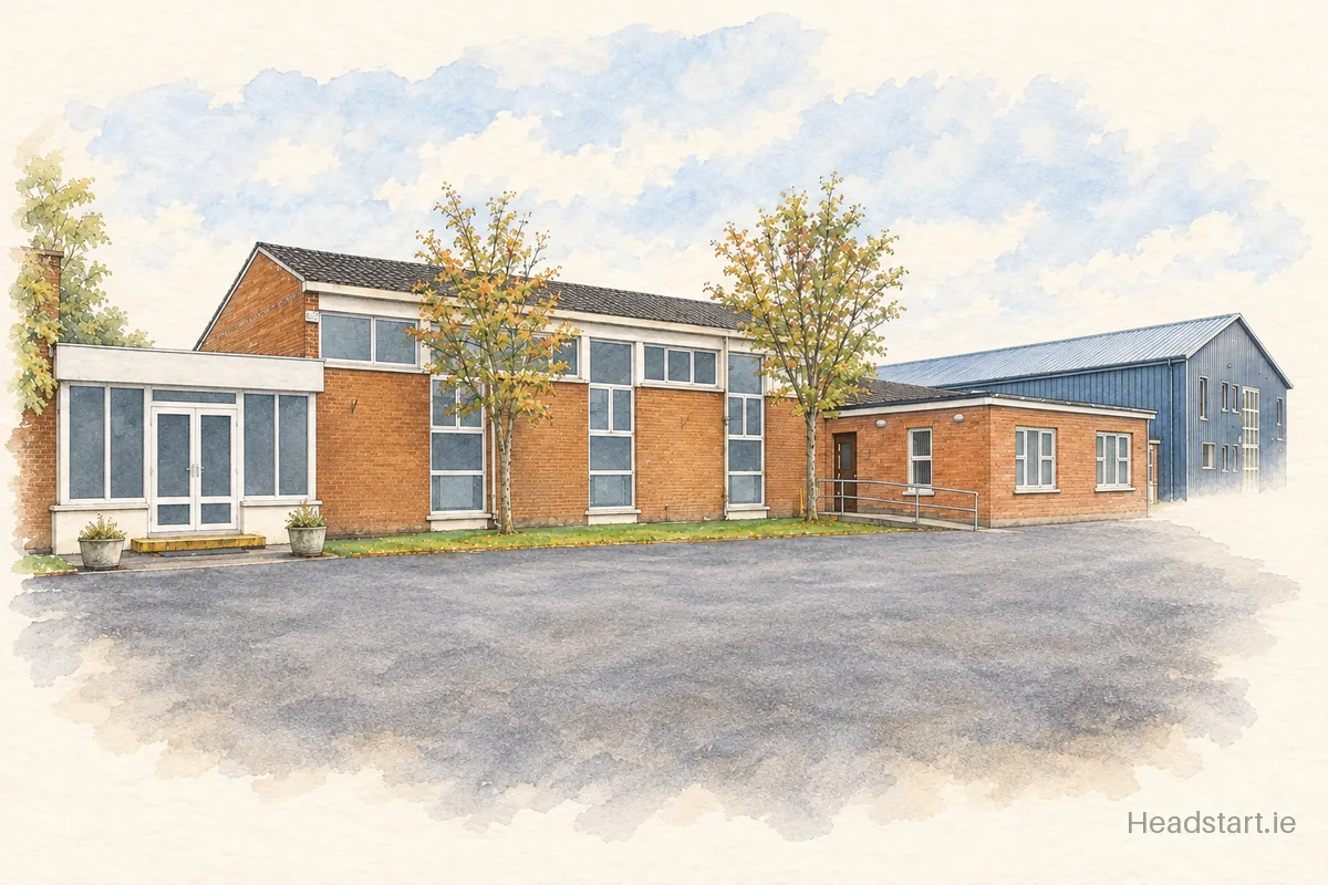 Watercolour illustration of the St. Alibe's School building, Tipperary Town