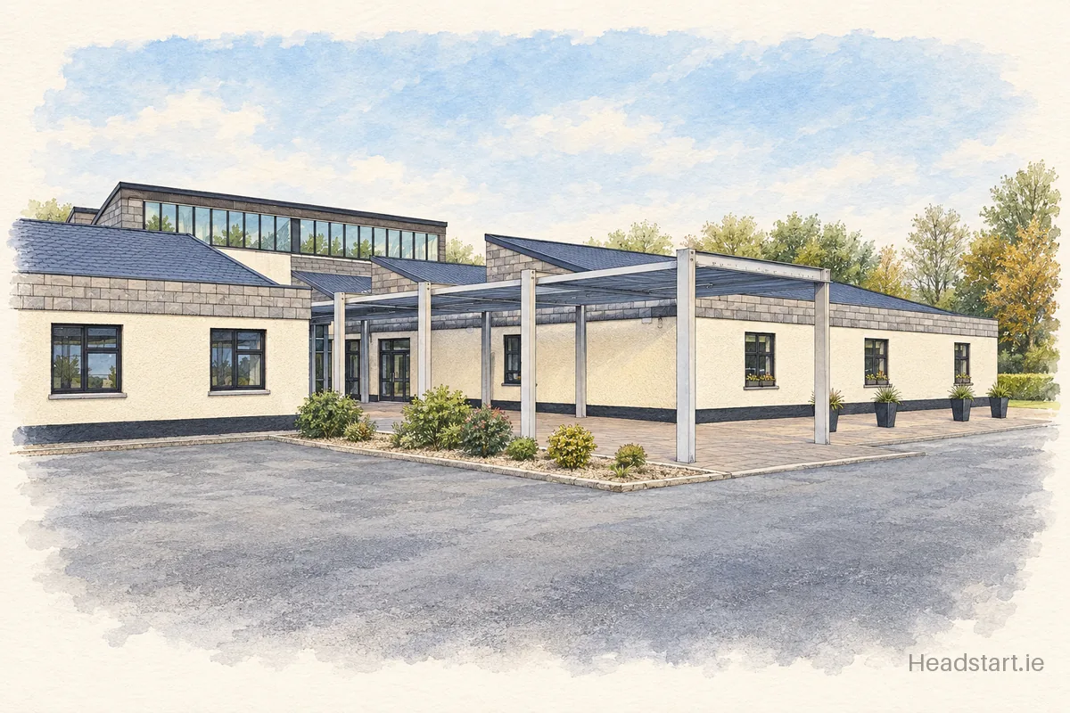 Watercolour illustration of the Coláiste Mhuire Co-Ed building, Thurles