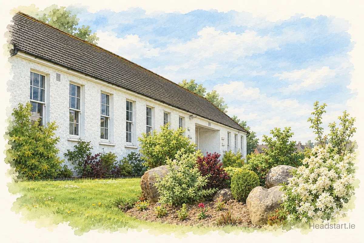 Watercolour illustration of the Ard Scoil Chiarain Naofa building, Clara