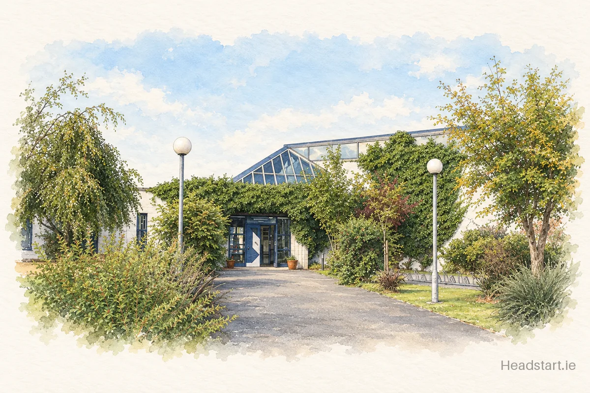 Watercolour illustration of the Castleknock Community College building, Castleknock
