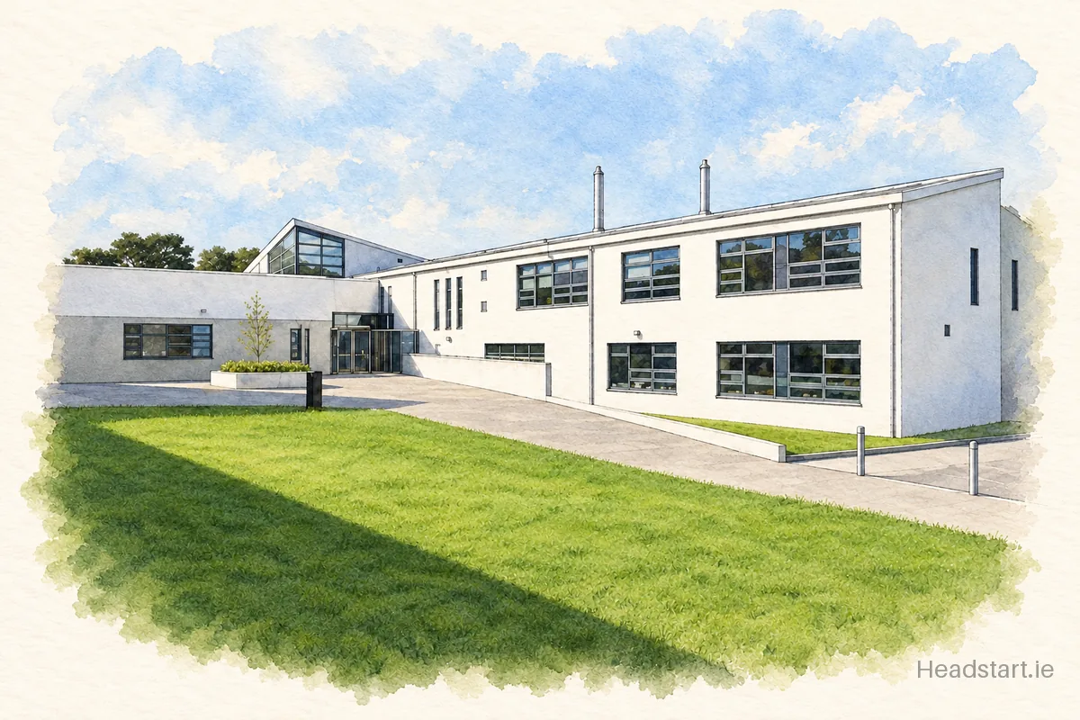 Watercolour illustration of the Glanmire Community College building, Glanmire