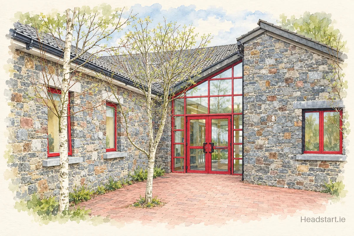 Watercolour illustration of the Meánscoil San Nioclás building, Dungarvan