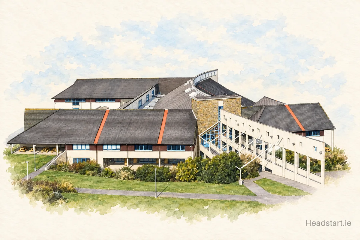Watercolour illustration of the Coláiste Na Sceilge building, Caherciveen