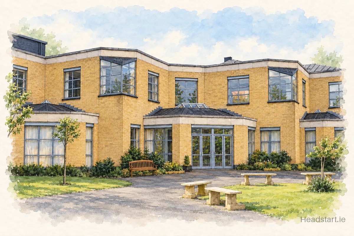 Watercolour illustration of the Larkin Community College building, Dublin 1