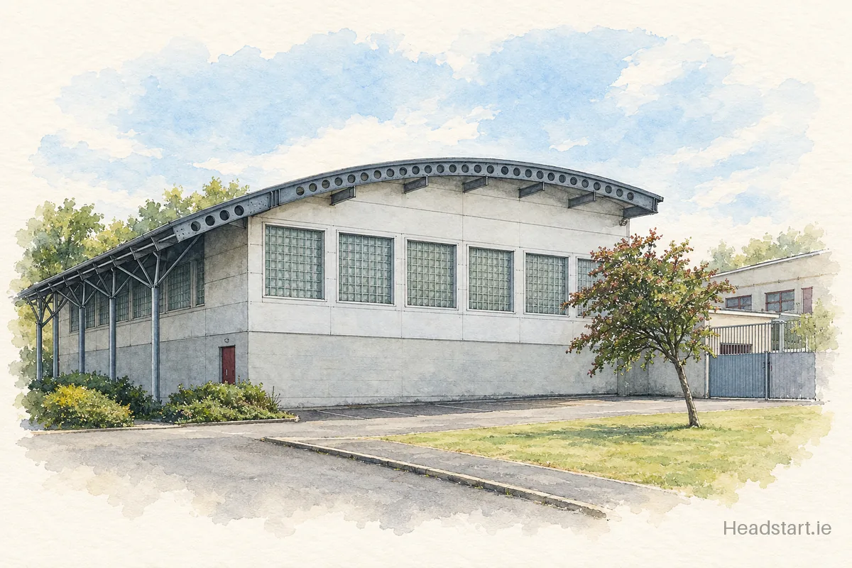 Watercolour illustration of the Skerries Community College building, Skerries