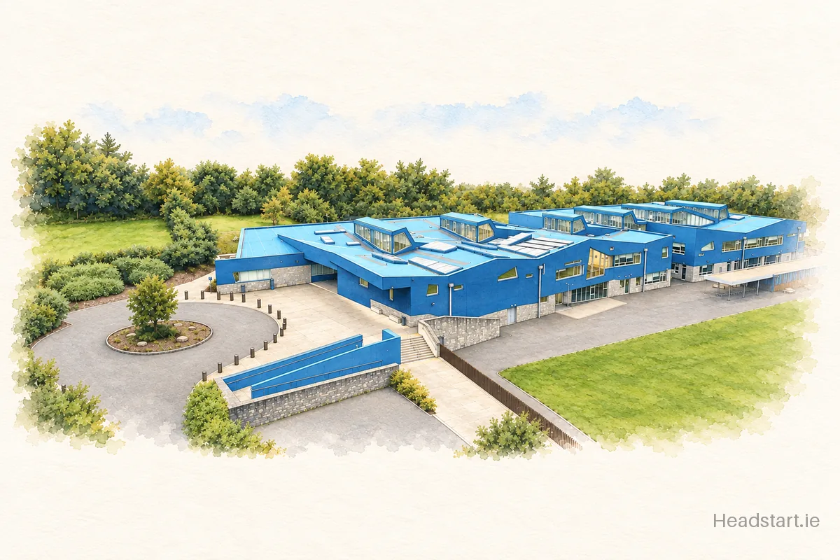 Watercolour illustration of the Colaiste Ailigh building, Letterkenny