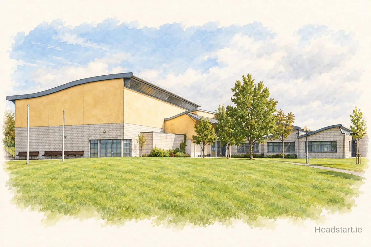 Watercolour illustration of the Abbey Community College building, Ferrybank