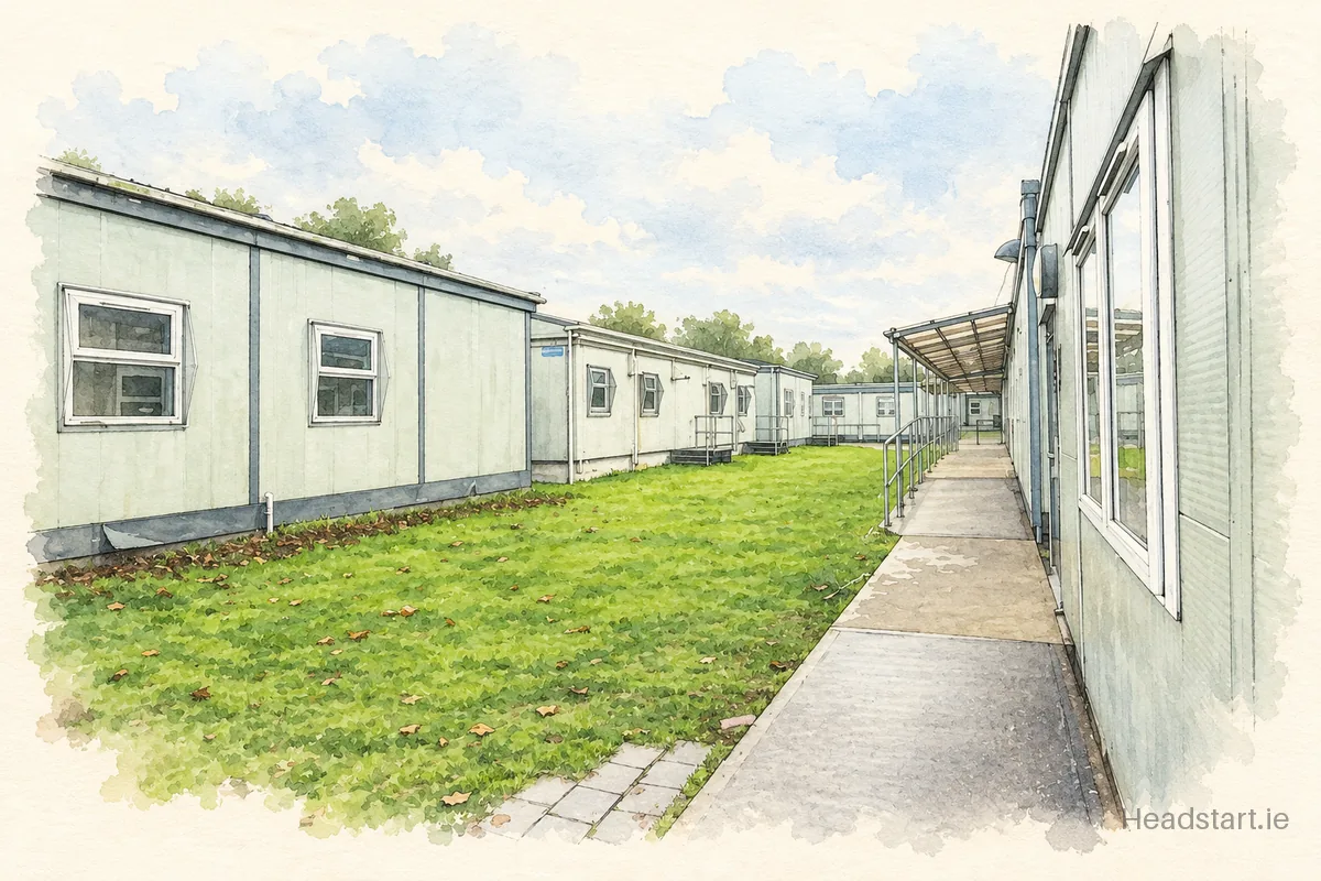 Watercolour illustration of the Gaelcholáiste Reachrann building, Domhnach Míde