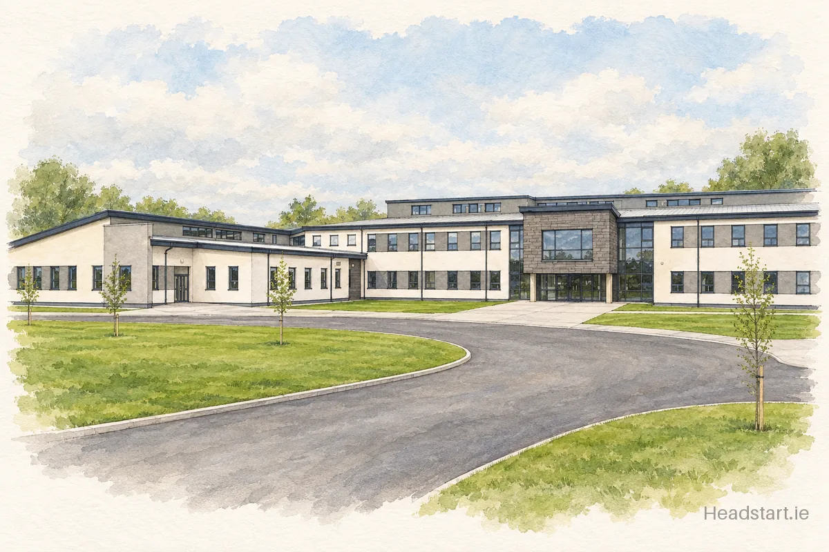 Watercolour illustration of the Mohill Community College building, Mohill