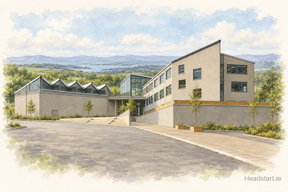 Watercolour illustration of the Coláiste Pobail Bheanntraí building, Bantry