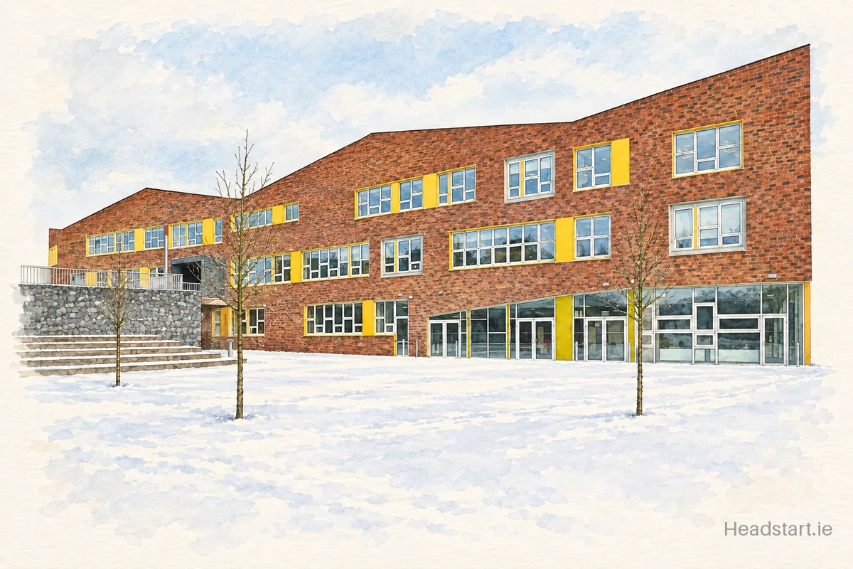 Watercolour illustration of the Coláiste Oiriall building, Monaghan