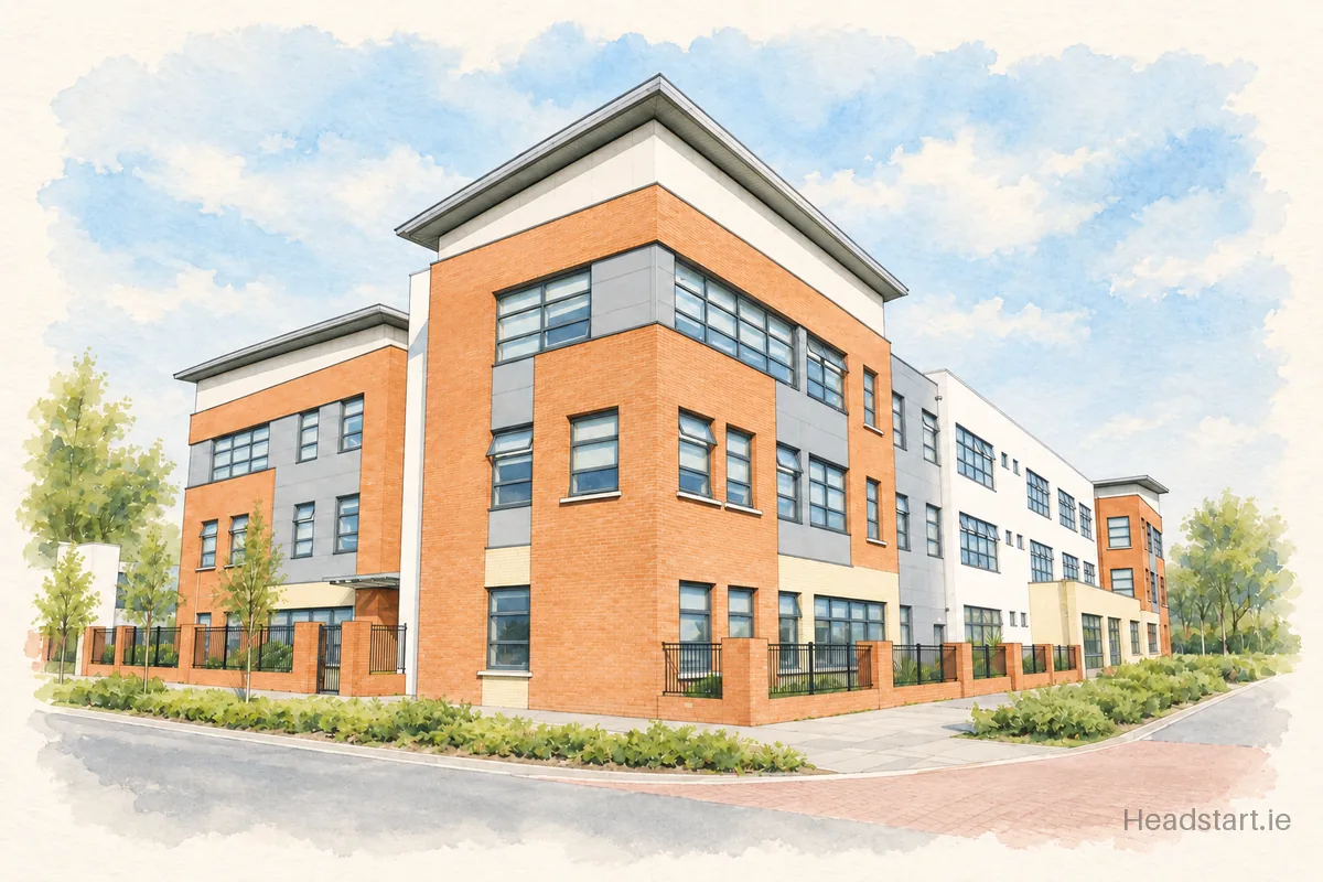 Watercolour illustration of the Adamstown Community College building, Adamstown