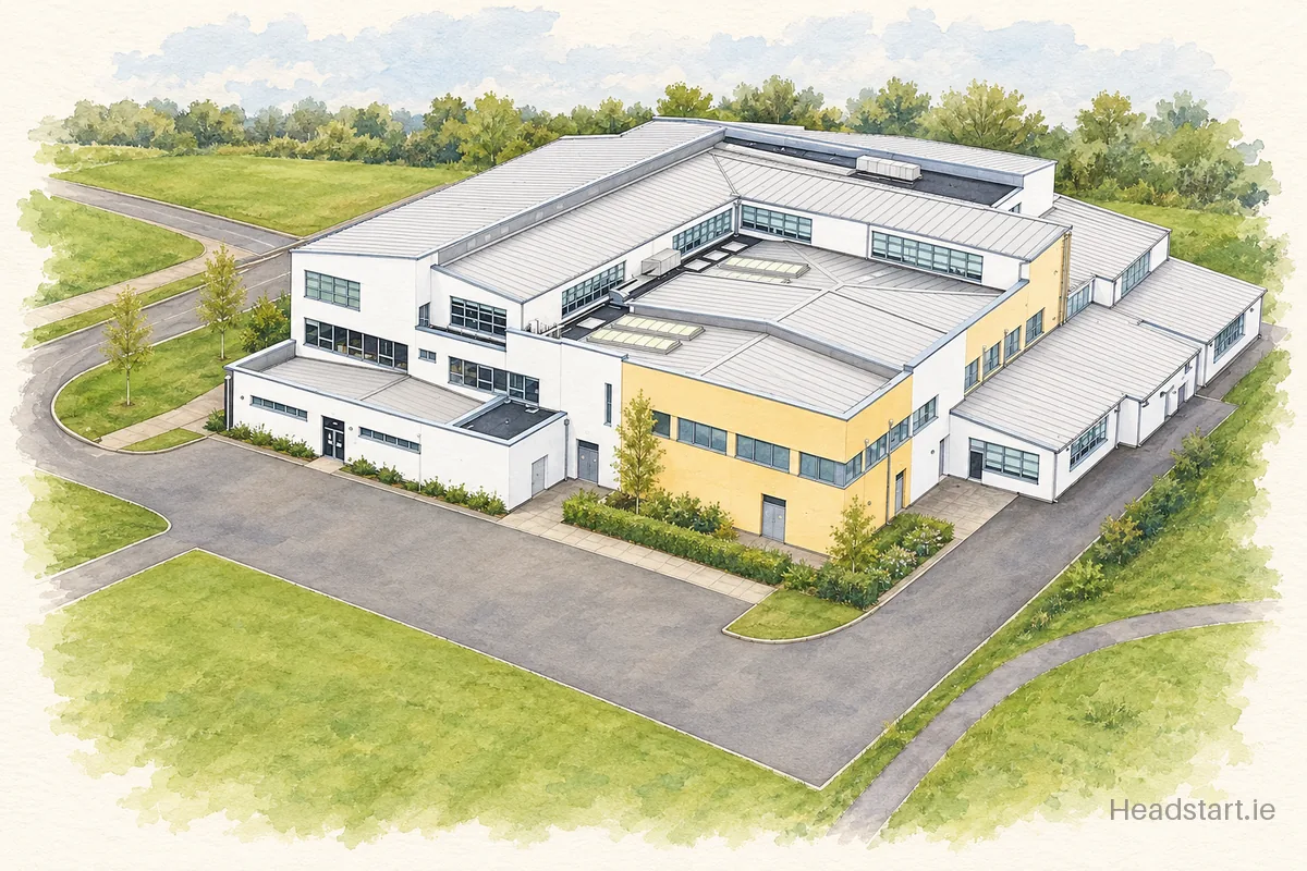Watercolour illustration of the Coláiste Pobail Setanta building, Phibblestown