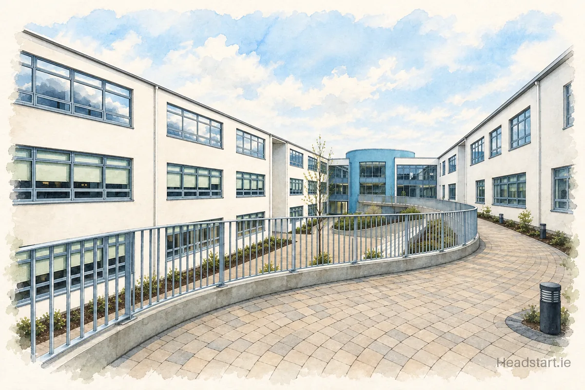 Watercolour illustration of the Coláiste Chill Mhantáin building, Wicklow Town