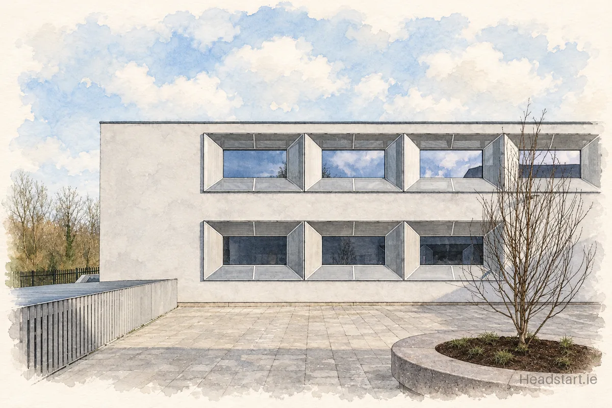 Watercolour illustration of the Gaelcholaiste Luimnigh building, Limerick