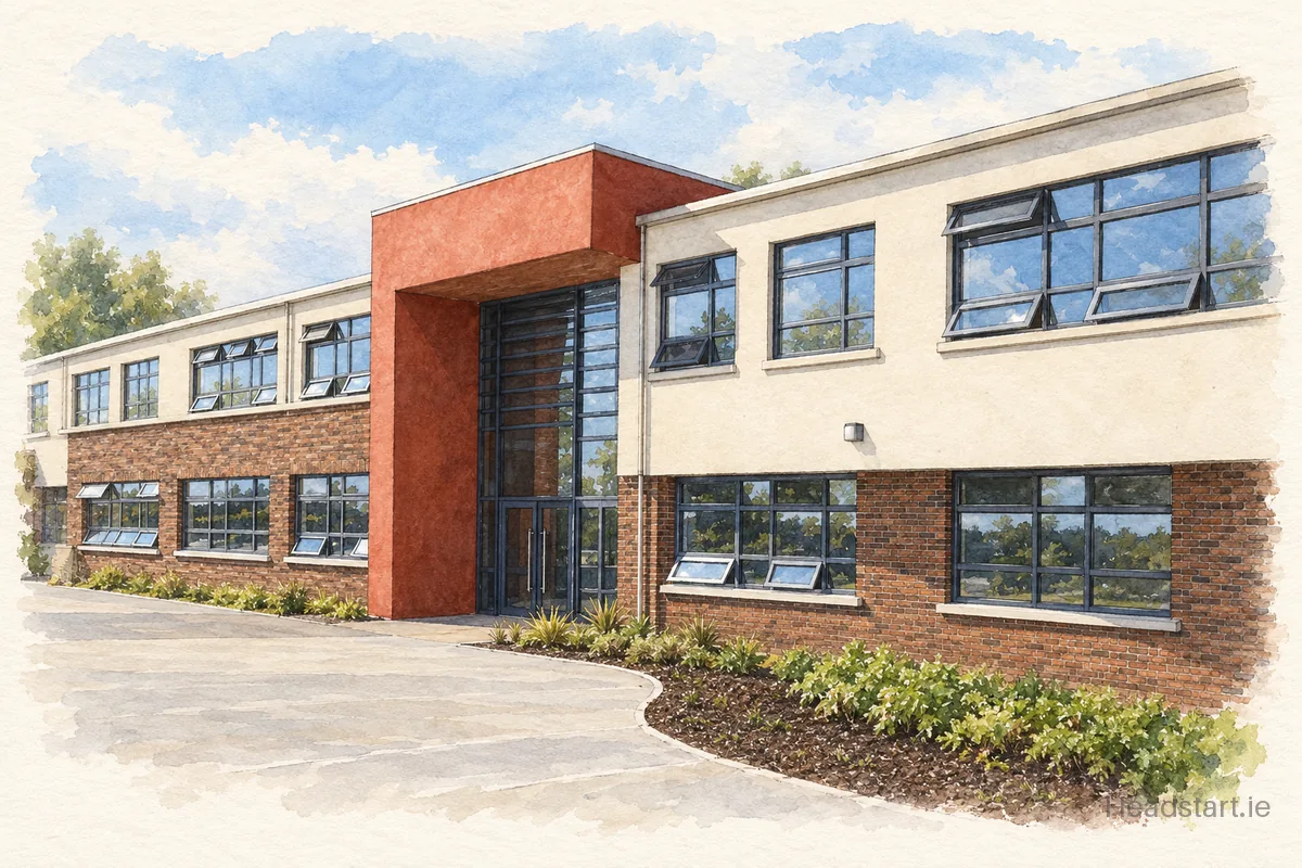 Watercolour illustration of the Colaiste Na Hinse building, Bettystown