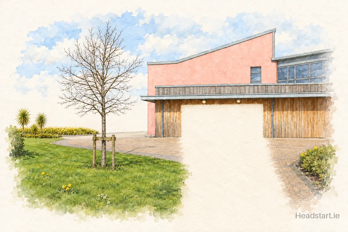 Watercolour illustration of the Donabate Community College building, Donabate