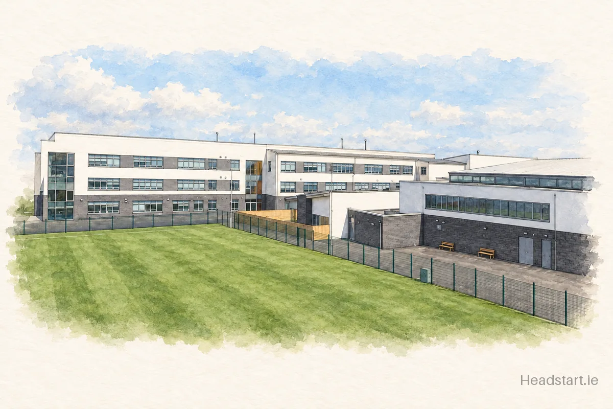 Watercolour illustration of the Ardgillan Community College building, Balbriggan