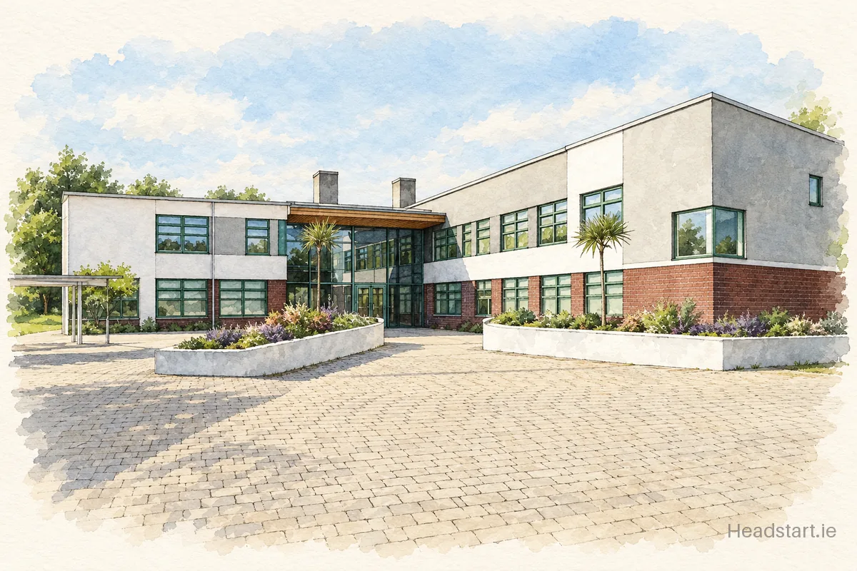 Watercolour illustration of the Luttrellstown Community College building, Porterstown Road