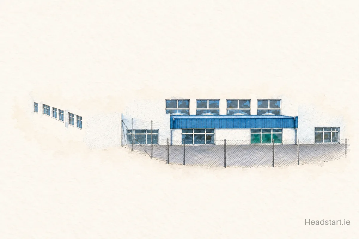 Watercolour illustration of the Coláiste Pobail Acla building, Westport