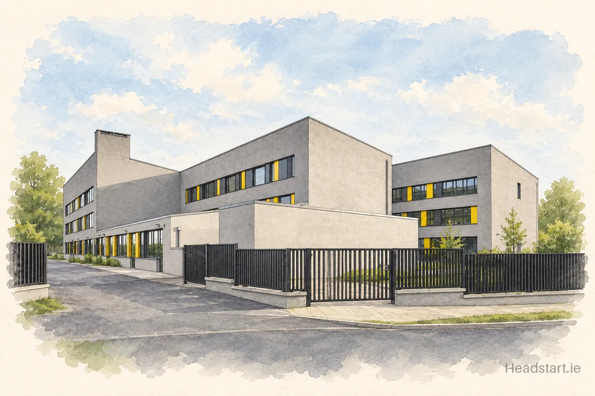 Watercolour illustration of the Kishoge Community College building, Lucan