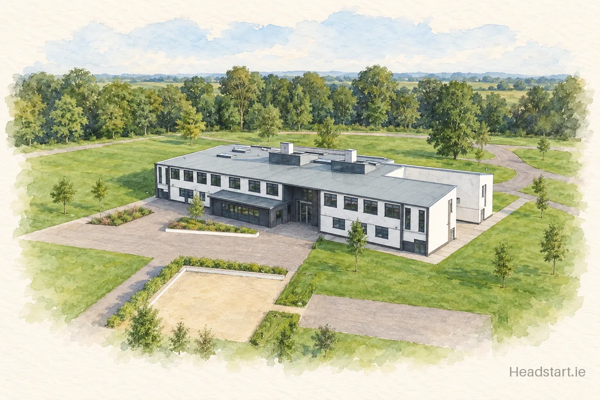 Watercolour illustration of the Coláiste Na Mí building, Johnstown