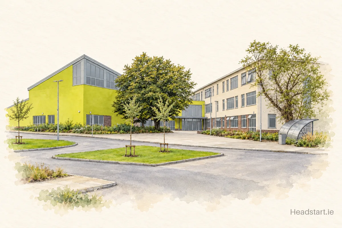 Watercolour illustration of the Naas Community College building, Naas