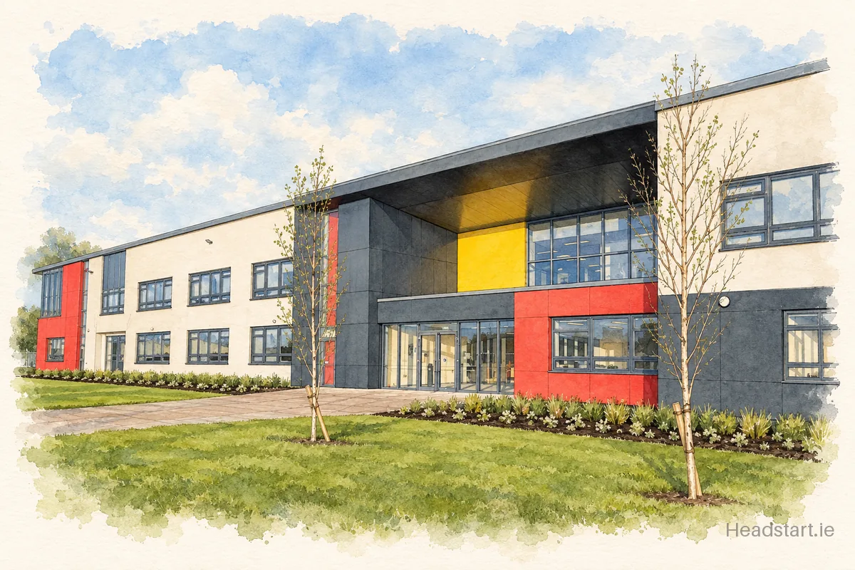 Watercolour illustration of the Coláiste Chú Chulainn building, Dundalk